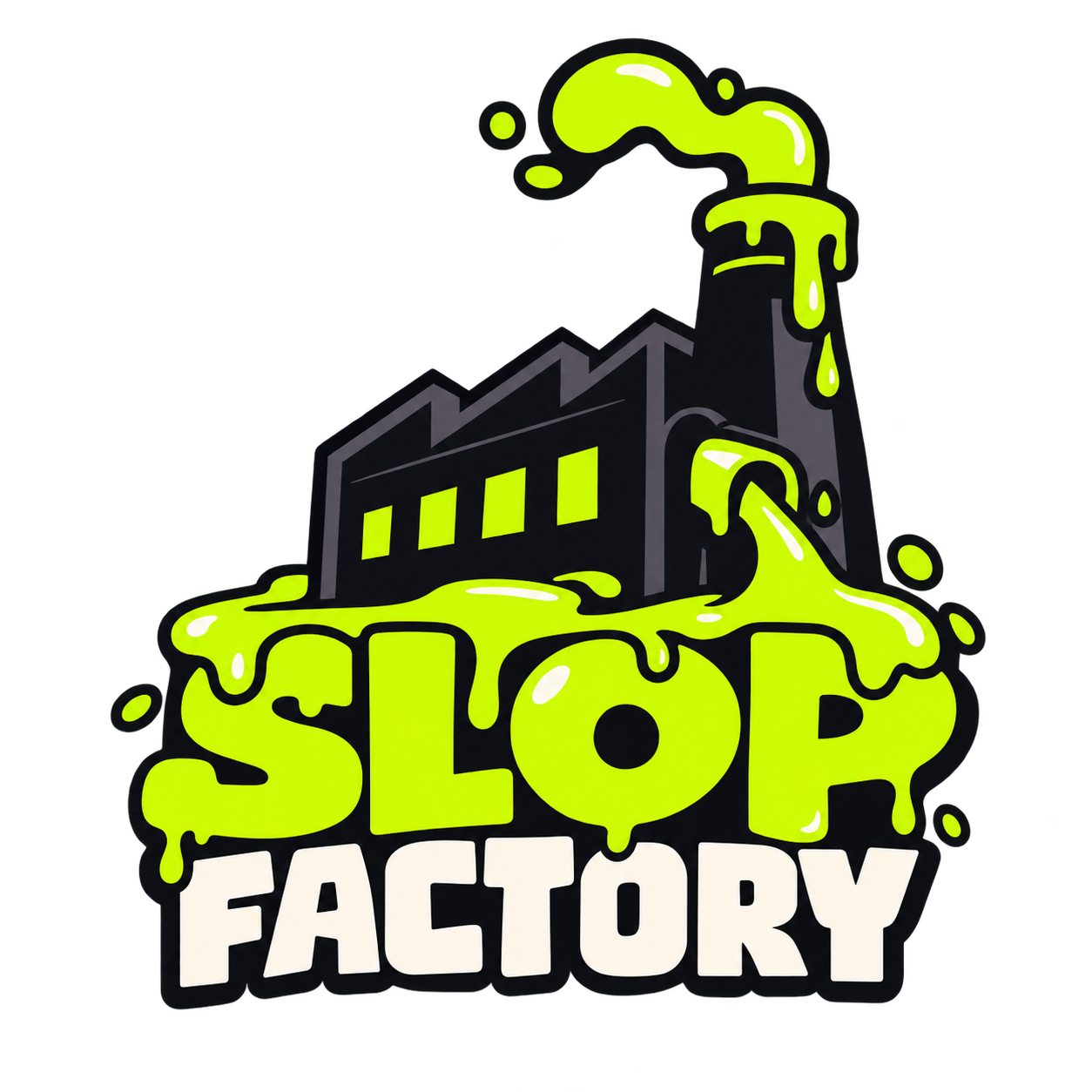 Slop Factory logo: an industrial factory covered in neon green slime